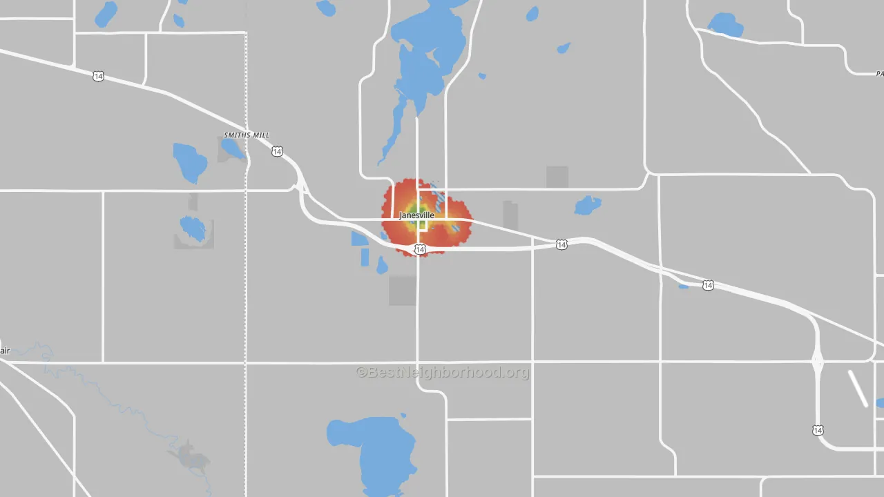 Walk Grade map of Janesville, MN, walkable areas in green and car-dependent areas in red