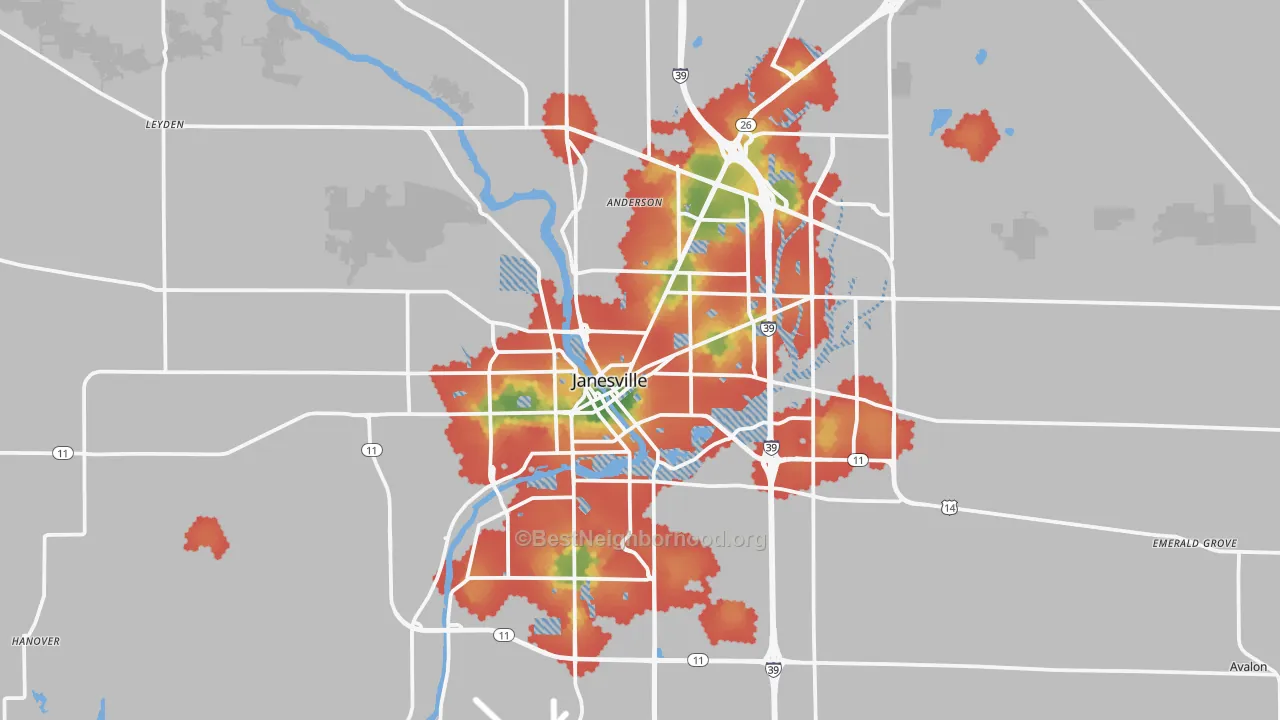 Walk Grade map of Janesville, WI, walkable areas in green and car-dependent areas in red