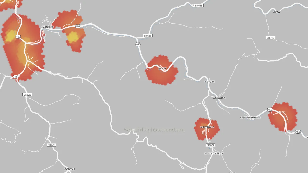 Walk Grade map of Janey, VA, walkable areas in green and car-dependent areas in red