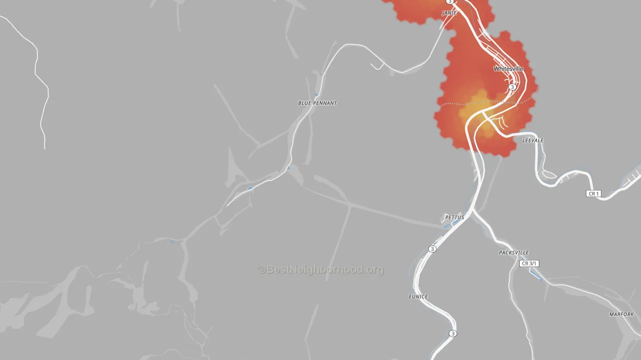 Walk Grade map of Janie, WV, walkable areas in green and car-dependent areas in red