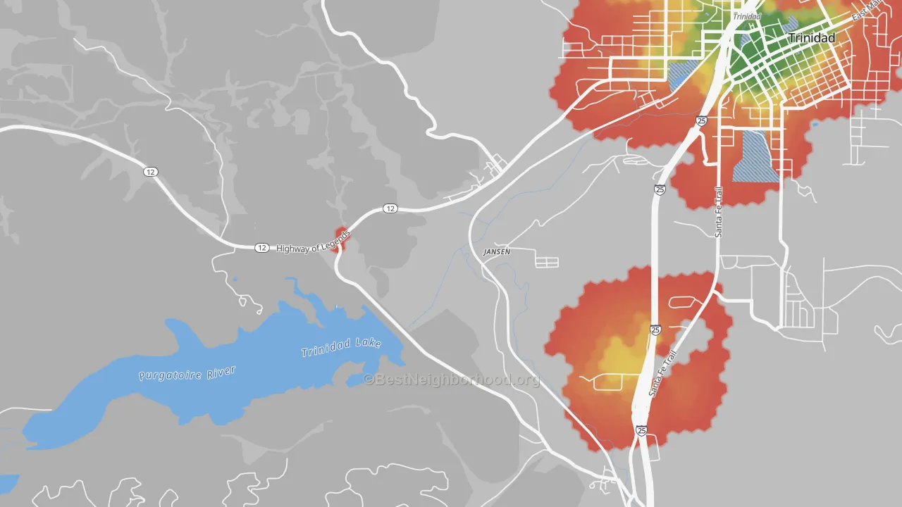 Walk Grade map of Jansen, CO, walkable areas in green and car-dependent areas in red