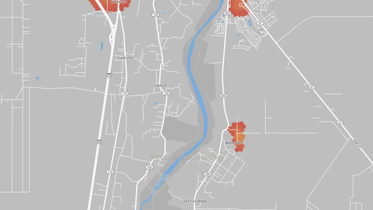 Walk Grade map of Jarales, NM, walkable areas in green and car-dependent areas in red