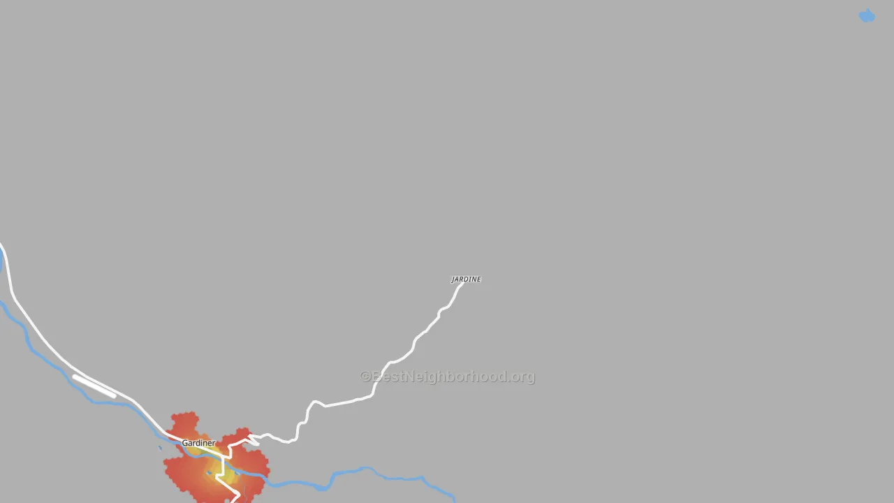 Walk Grade map of Jardine, MT, walkable areas in green and car-dependent areas in red