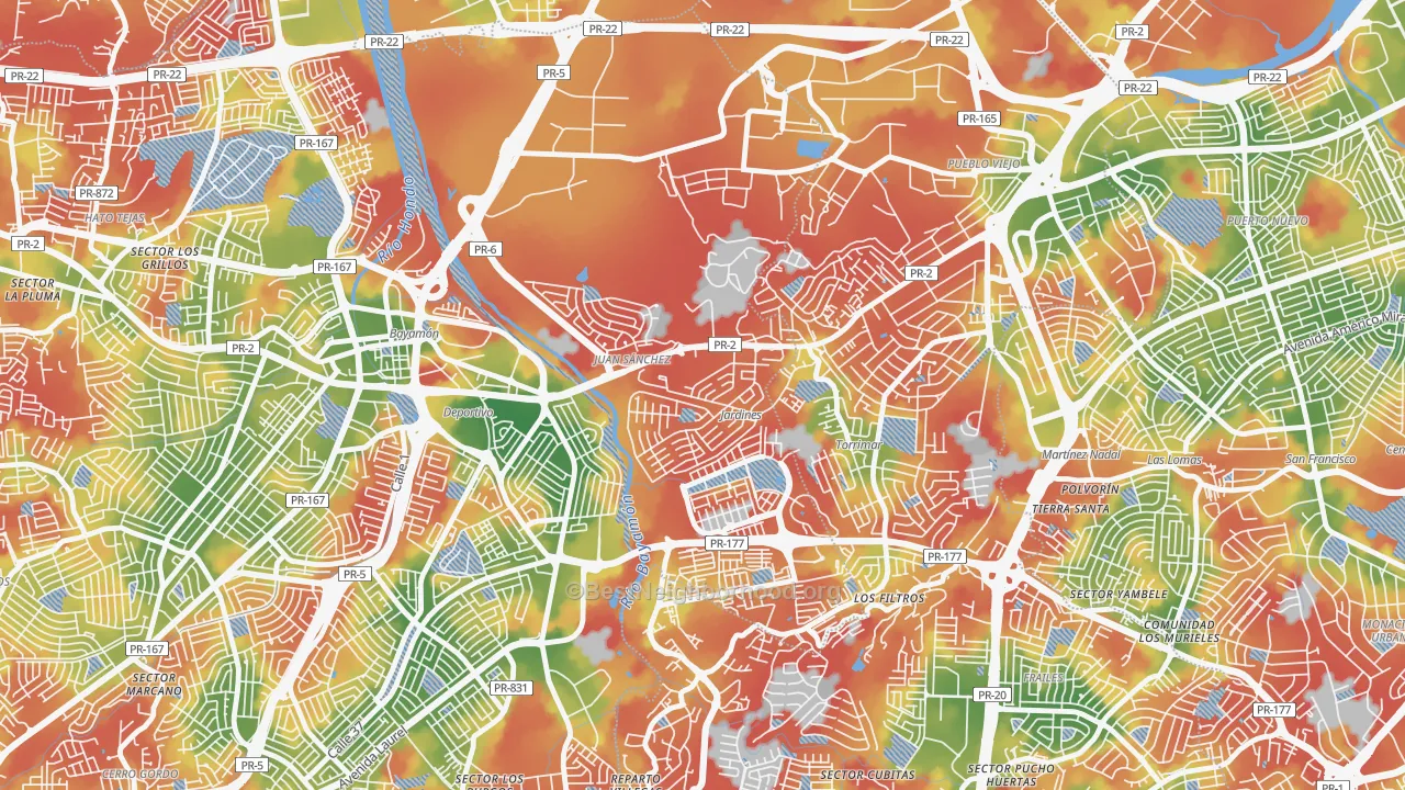 Walk Grade map of Jardines de Caparra, Bayamon, PR, walkable areas in green and car-dependent areas in red