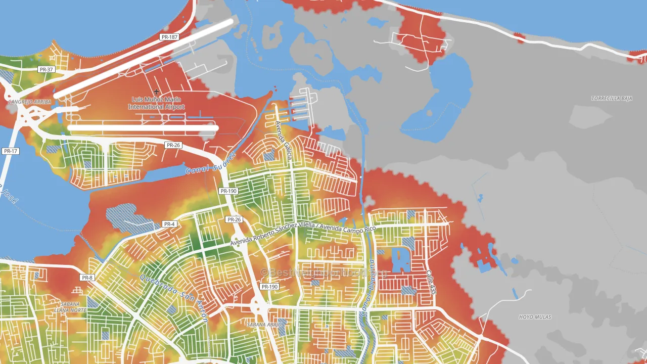 Walk Grade map of Jardines de Country Club, Carolina, PR, walkable areas in green and car-dependent areas in red