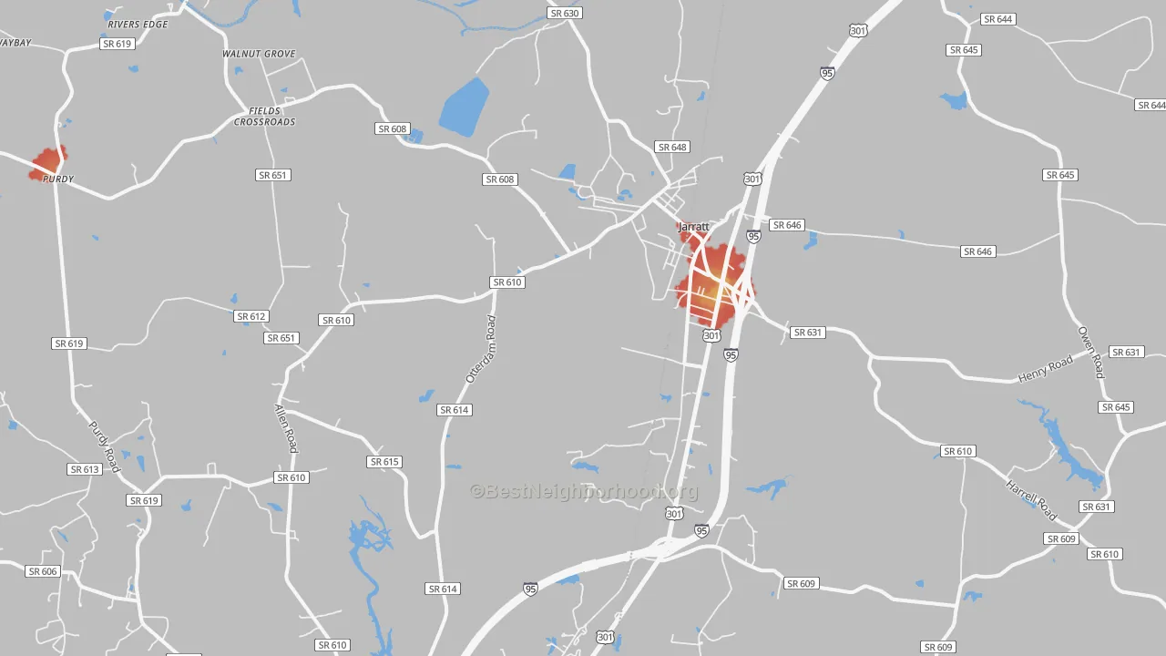 Walk Grade map of Jarratt, VA, walkable areas in green and car-dependent areas in red