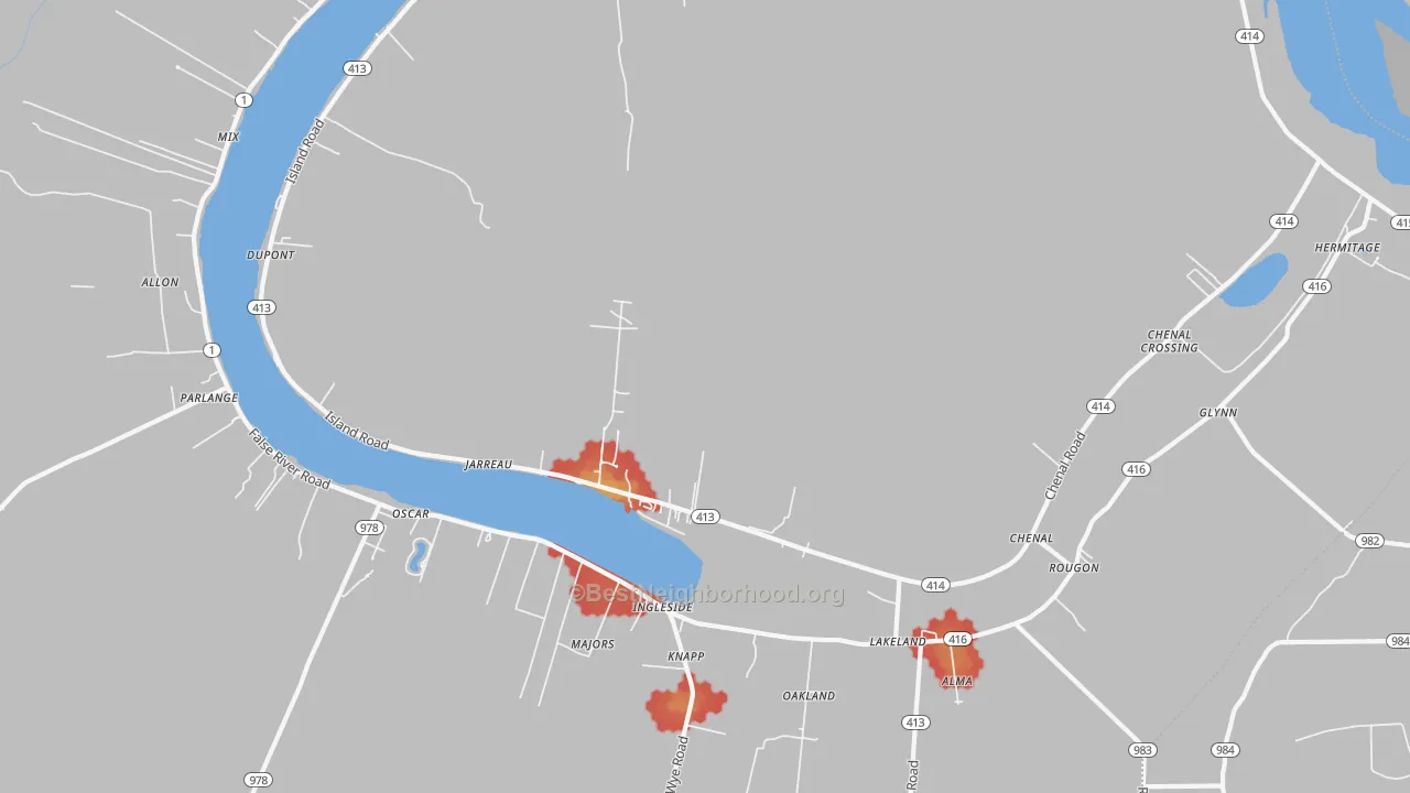 Walk Grade map of Jarreau, LA, walkable areas in green and car-dependent areas in red