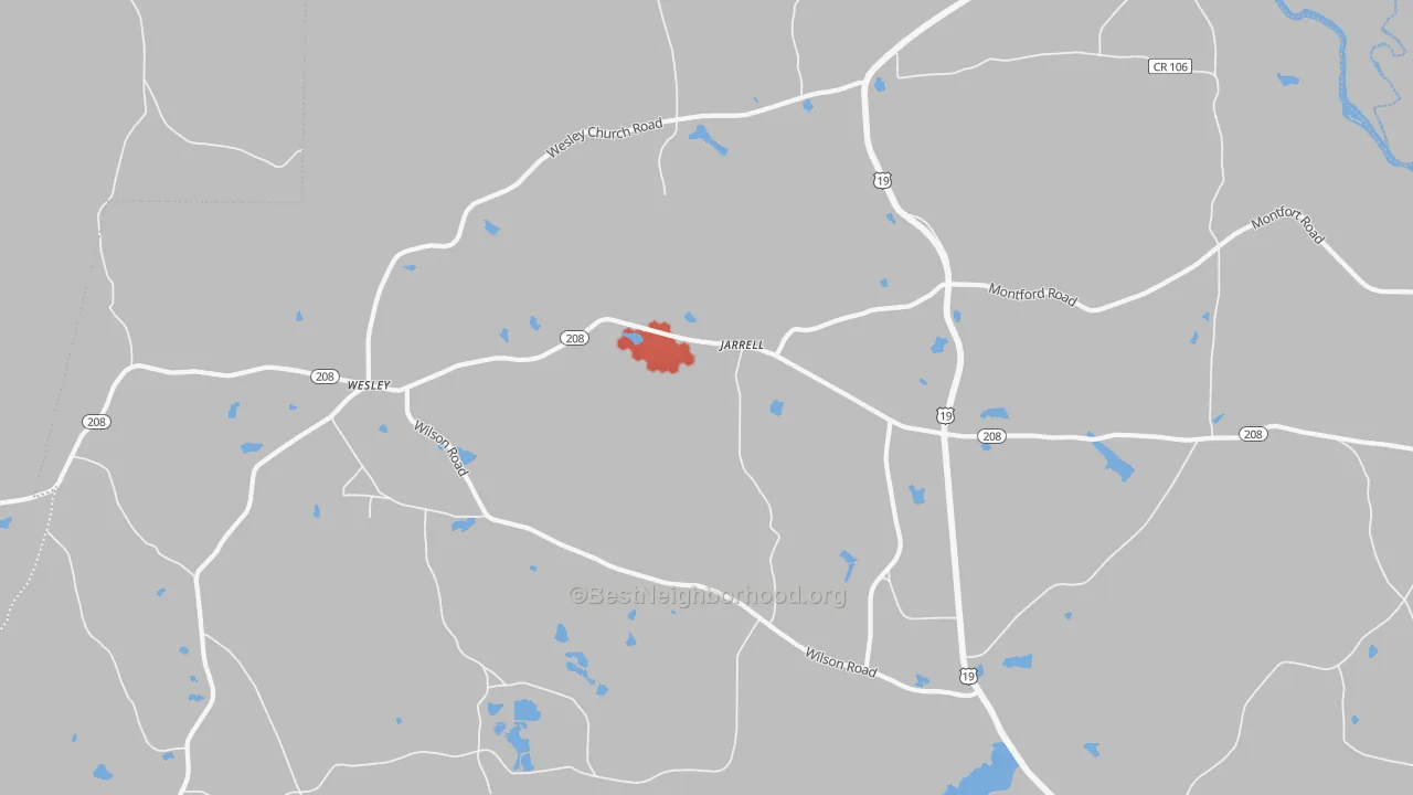 Walk Grade map of Jarrell, GA, walkable areas in green and car-dependent areas in red
