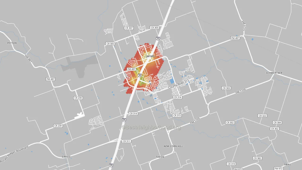 Walk Grade map of Jarrell, TX, walkable areas in green and car-dependent areas in red