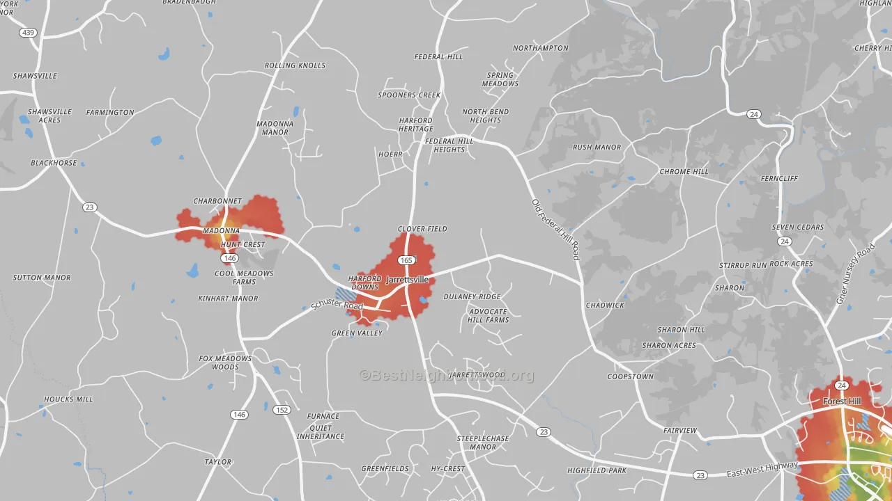 Walk Grade map of Jarrettsville, MD, walkable areas in green and car-dependent areas in red