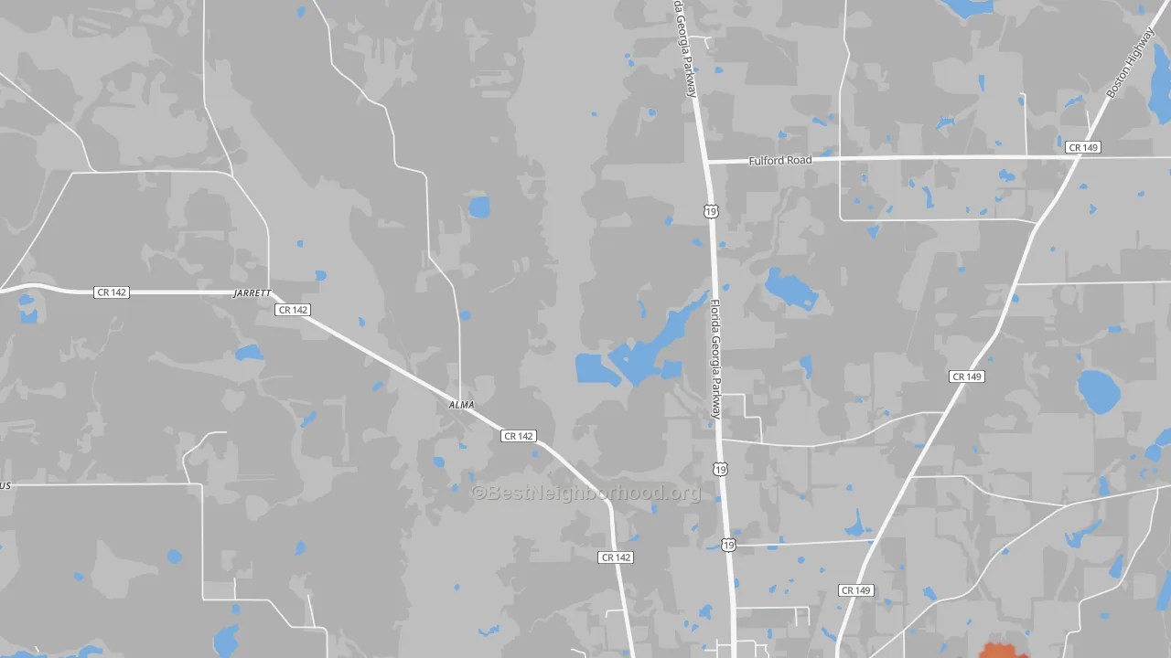 Walk Grade map of Jarrott, FL, walkable areas in green and car-dependent areas in red