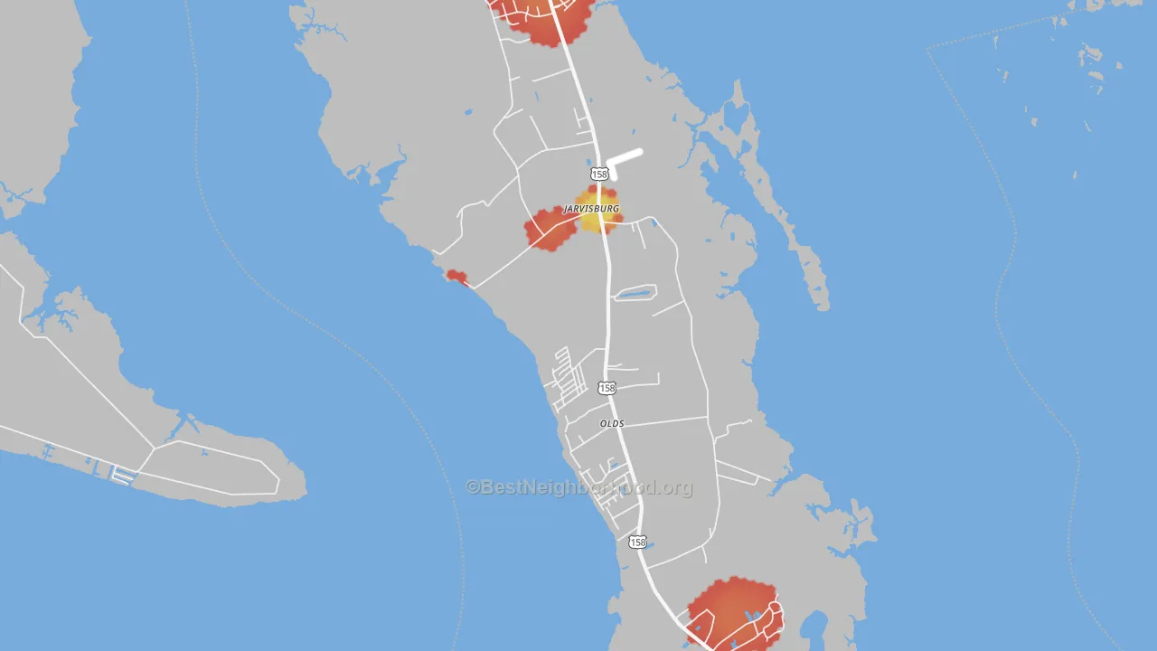 Walk Grade map of Jarvisburg, NC, walkable areas in green and car-dependent areas in red