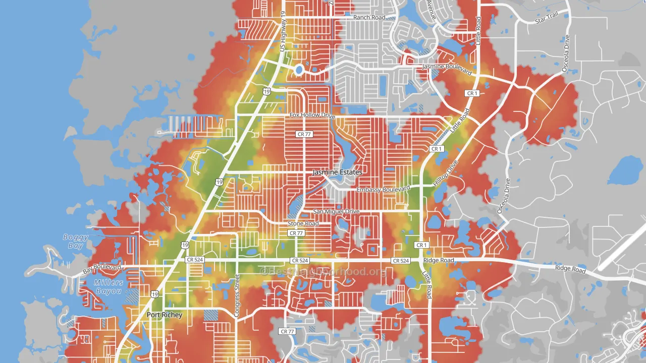 Walk Grade map of Jasmine Estates, FL, walkable areas in green and car-dependent areas in red