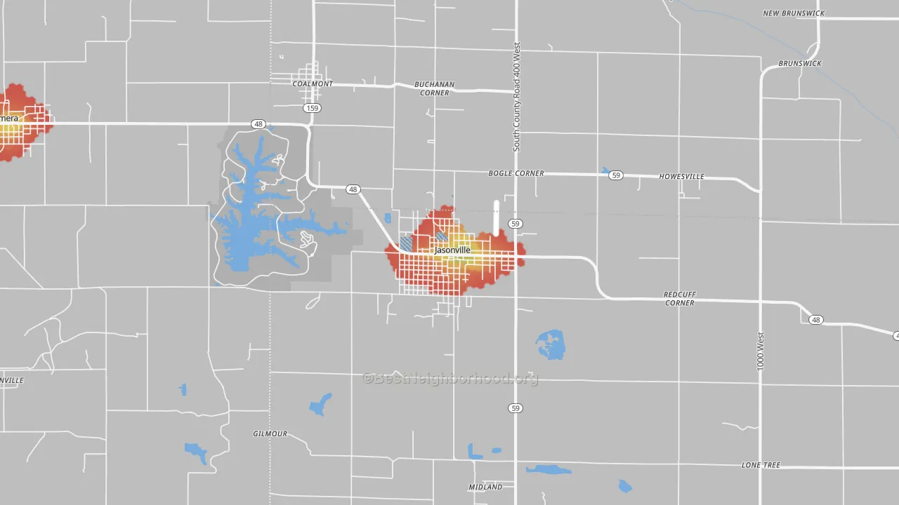 Walk Grade map of Jasonville, IN, walkable areas in green and car-dependent areas in red