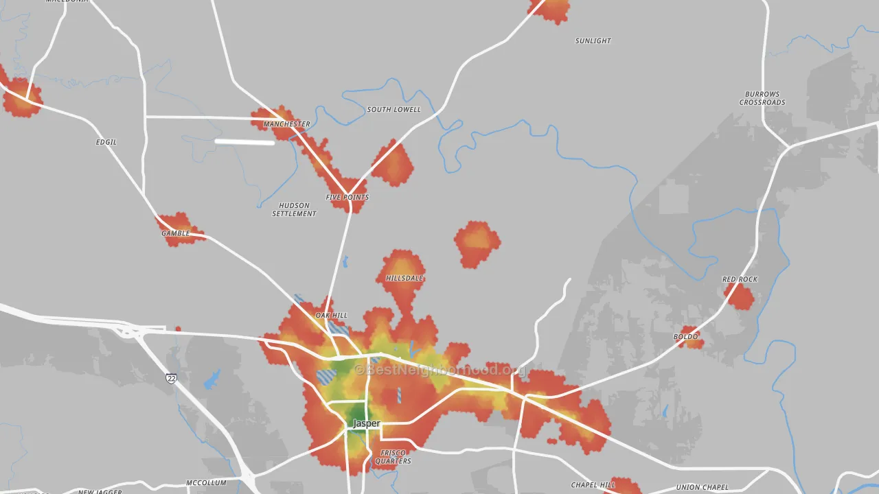 Walk Grade map of Jasper, AL, walkable areas in green and car-dependent areas in red