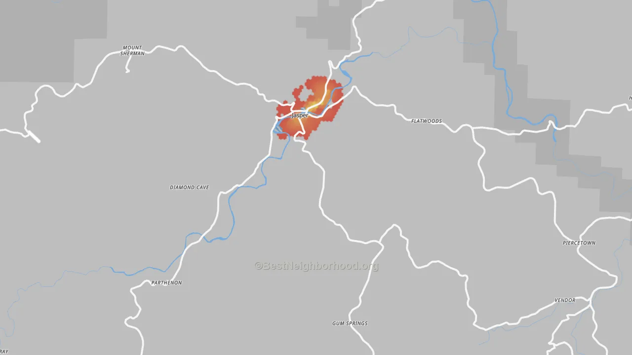 Walk Grade map of Jasper, AR, walkable areas in green and car-dependent areas in red