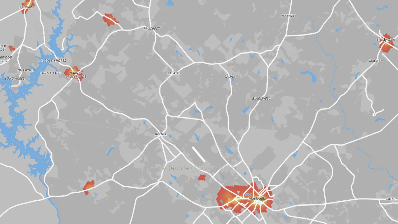 Walk Grade map of Jasper County, GA, walkable areas in green and car-dependent areas in red
