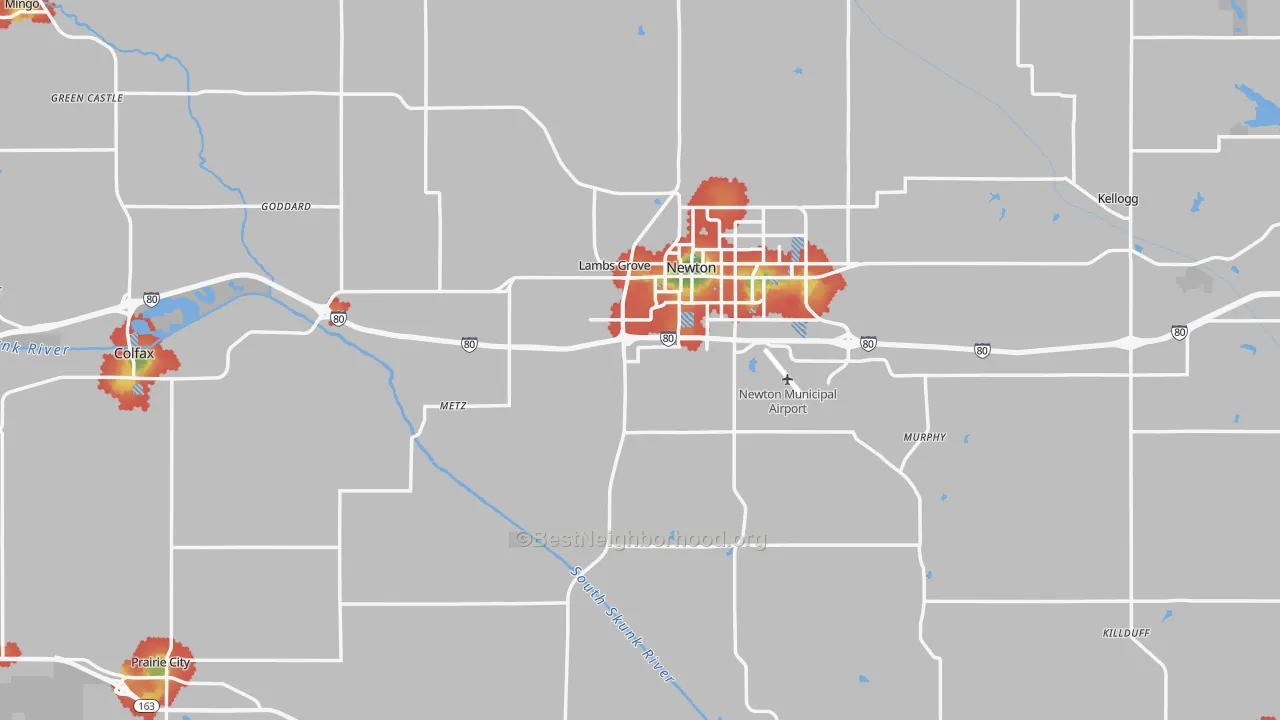 Walk Grade map of Jasper County, IA, walkable areas in green and car-dependent areas in red