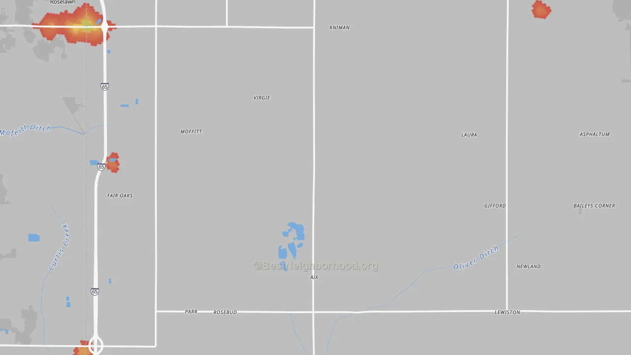 Walk Grade map of Jasper County, IN, walkable areas in green and car-dependent areas in red
