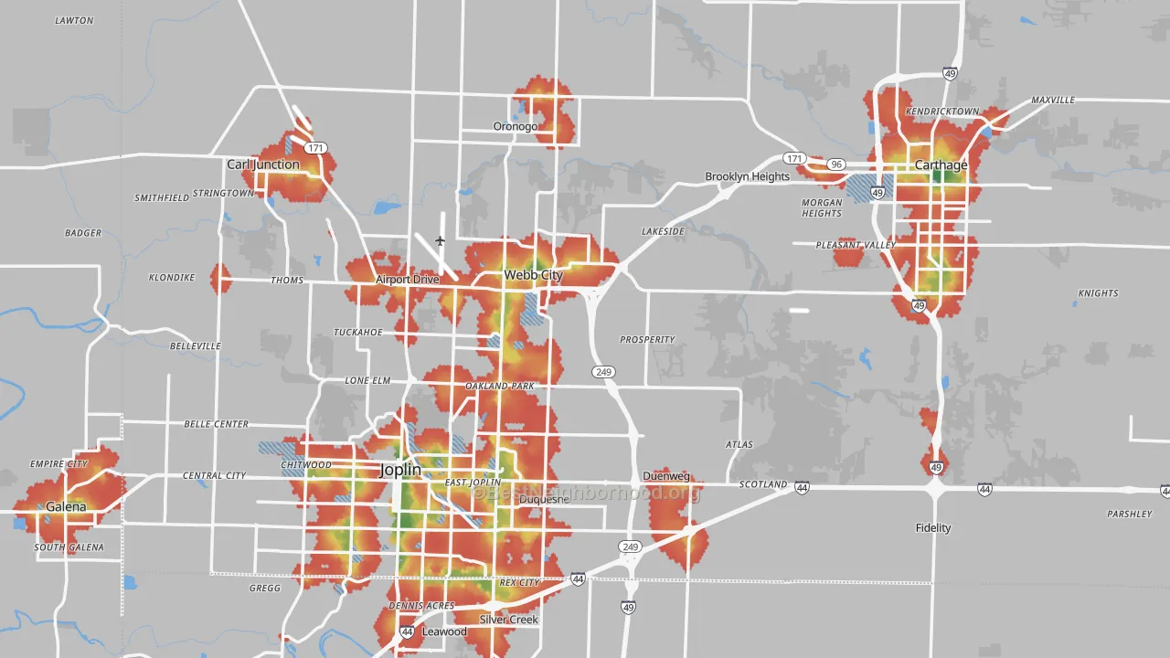Walk Grade map of Jasper County, MO, walkable areas in green and car-dependent areas in red