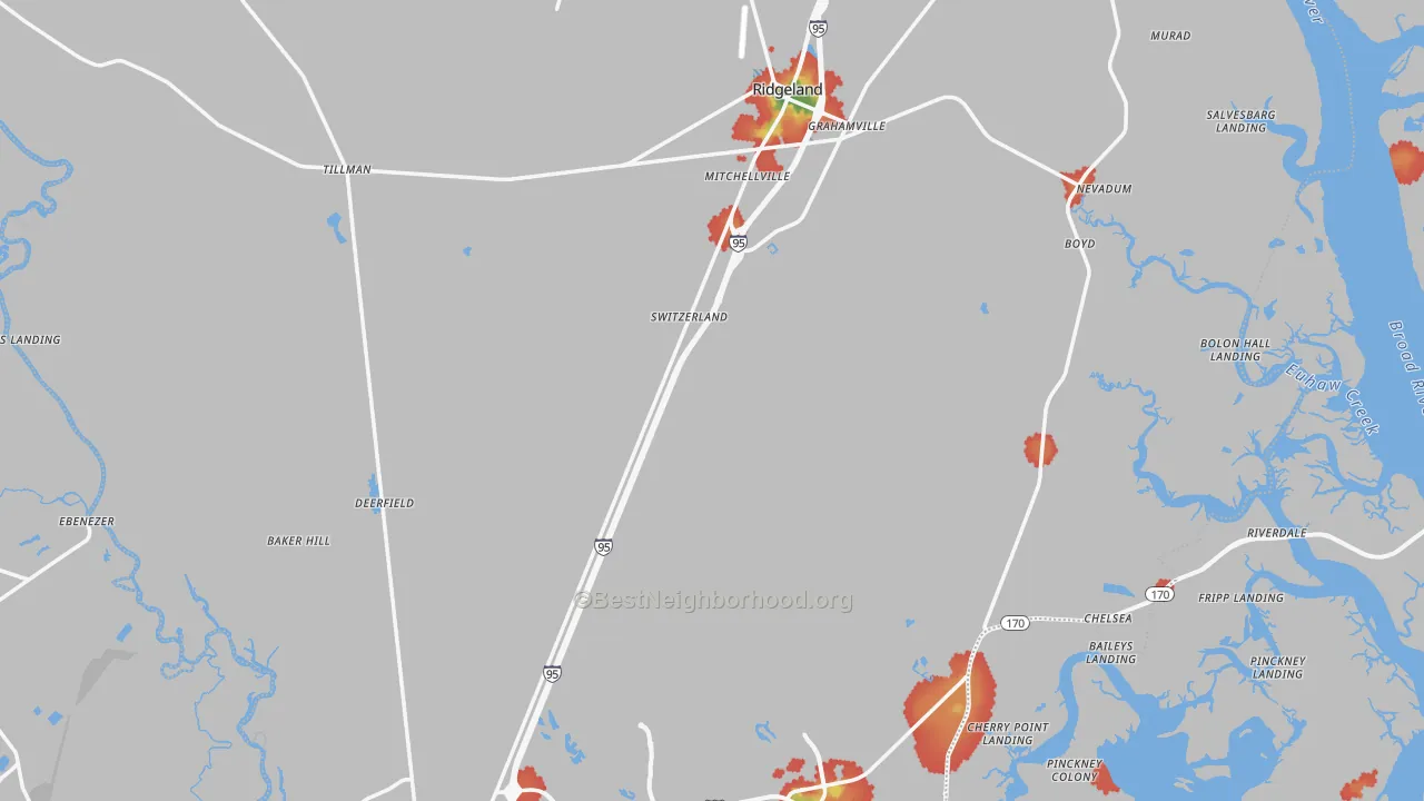 Walk Grade map of Jasper County, SC, walkable areas in green and car-dependent areas in red