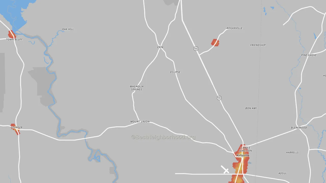 Walk Grade map of Jasper County, TX, walkable areas in green and car-dependent areas in red