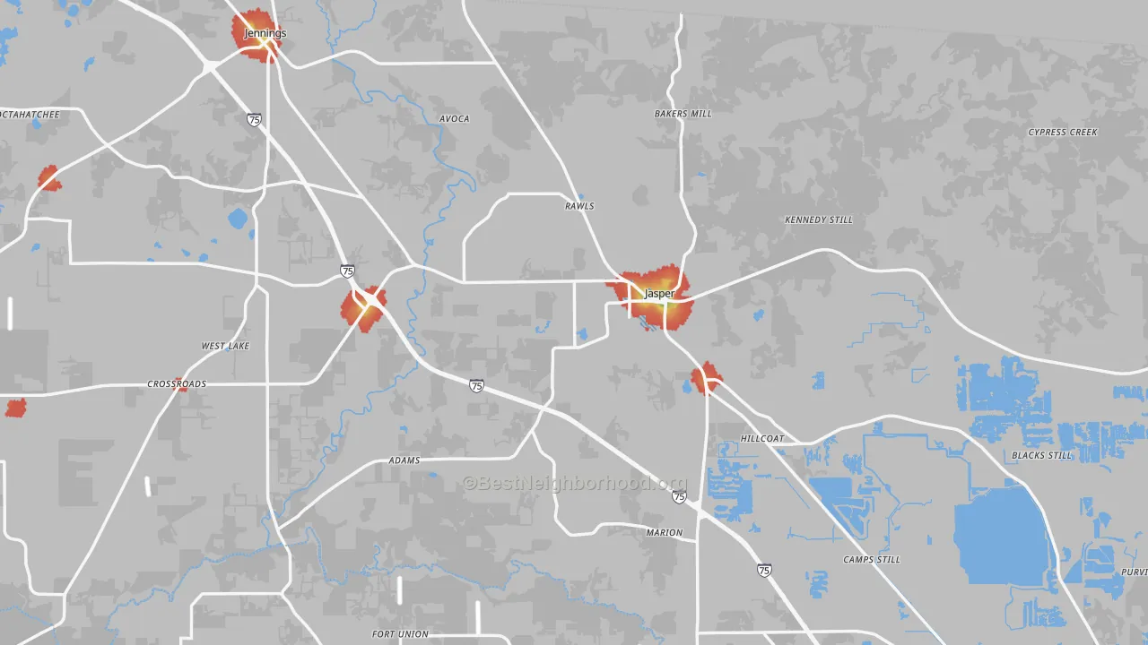 Walk Grade map of Jasper, FL, walkable areas in green and car-dependent areas in red