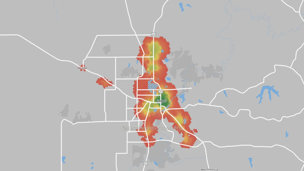 Walk Grade map of Jasper, IN, walkable areas in green and car-dependent areas in red