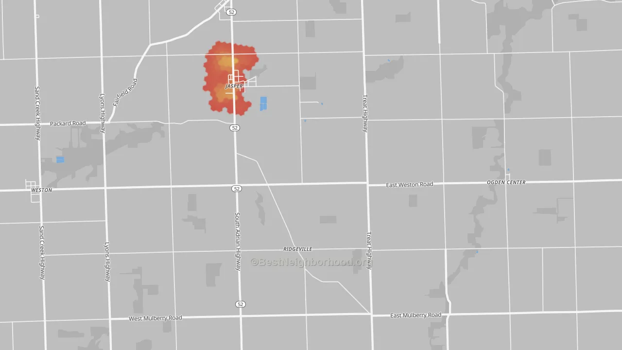 Walk Grade map of Jasper, MI, walkable areas in green and car-dependent areas in red