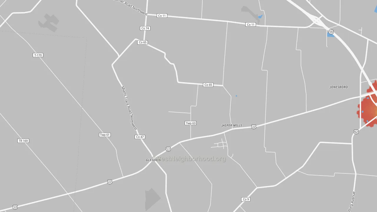 Walk Grade map of Jasper Mills, OH, walkable areas in green and car-dependent areas in red