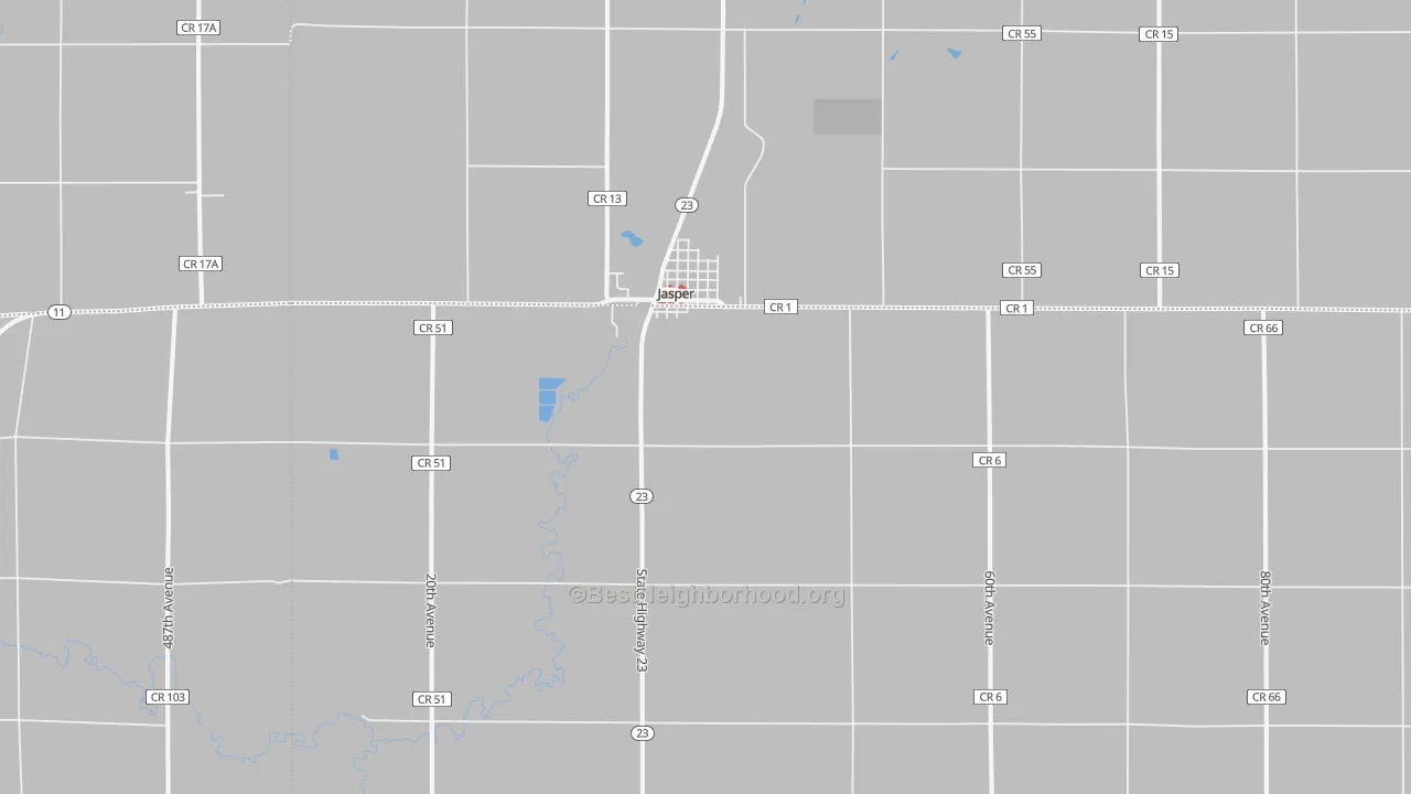 Walk Grade map of Jasper, MN, walkable areas in green and car-dependent areas in red