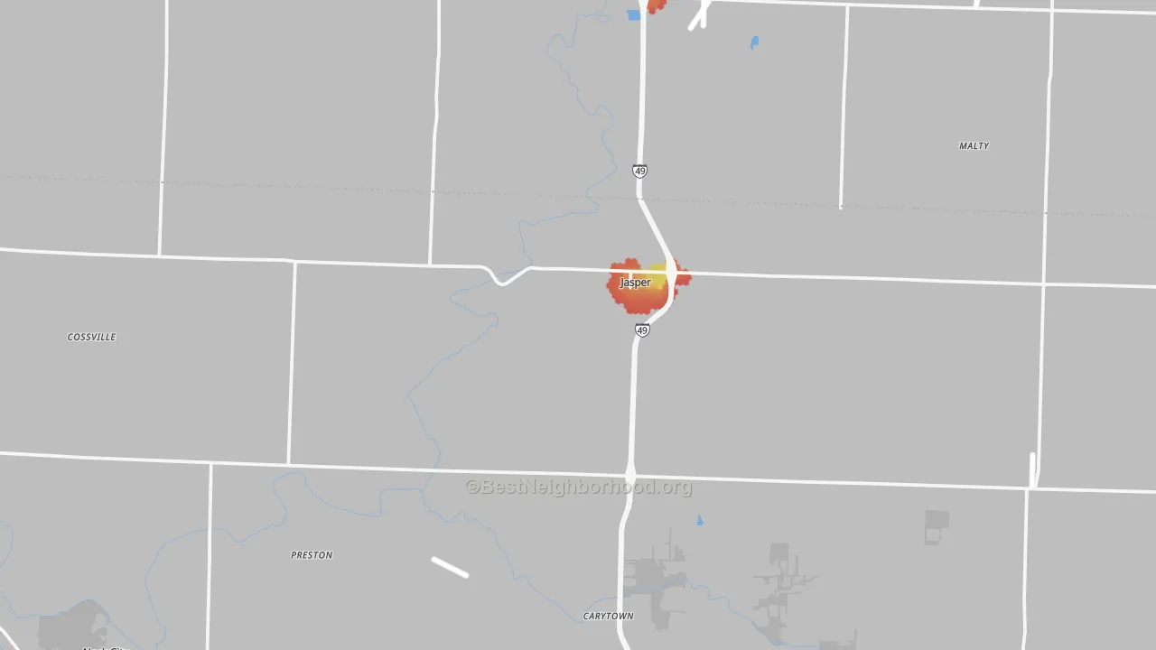 Walk Grade map of Jasper, MO, walkable areas in green and car-dependent areas in red