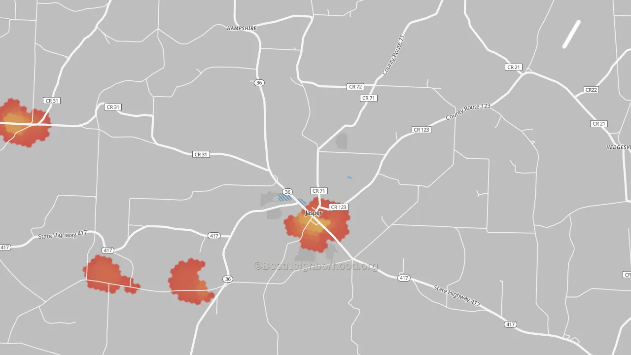Walk Grade map of Jasper, NY, walkable areas in green and car-dependent areas in red