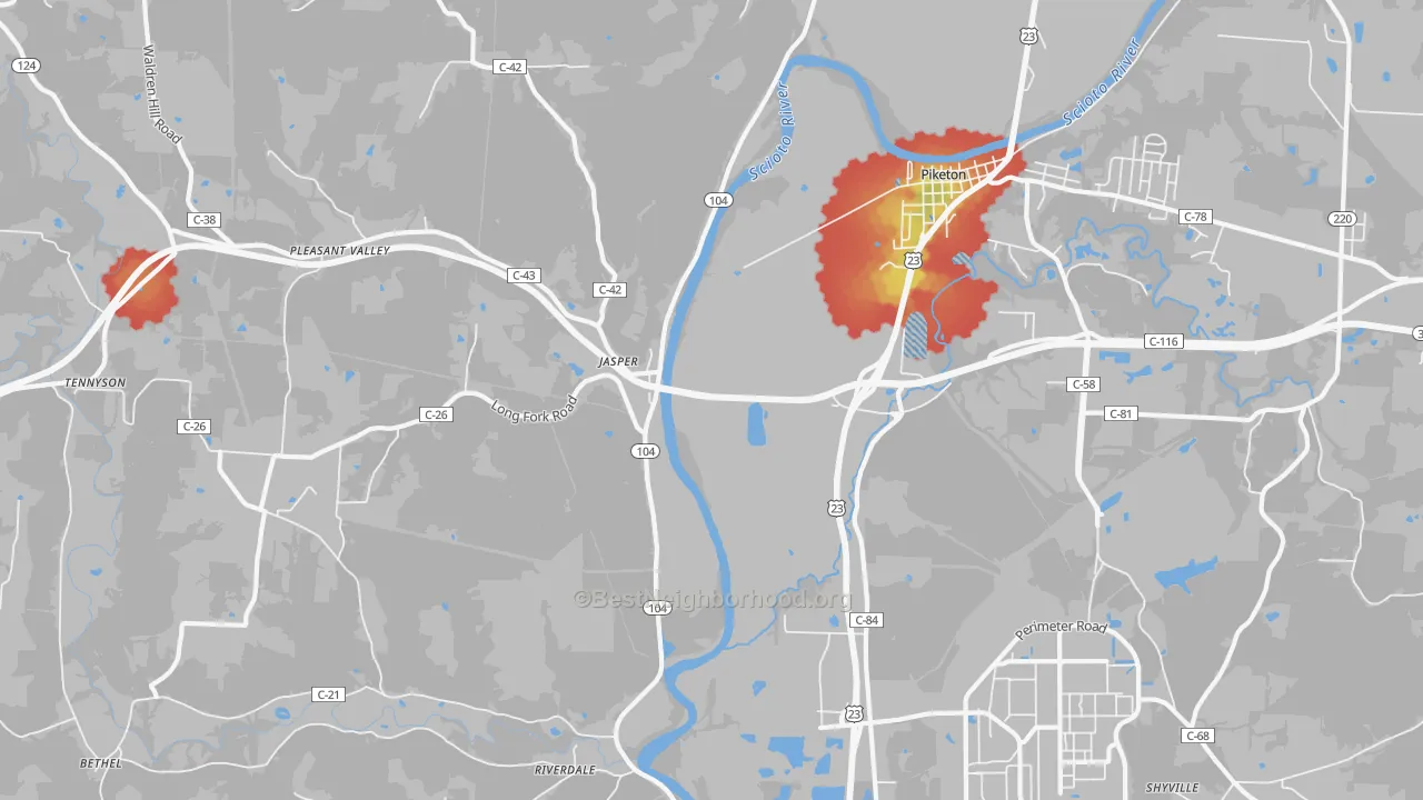 Walk Grade map of Jasper, OH, walkable areas in green and car-dependent areas in red
