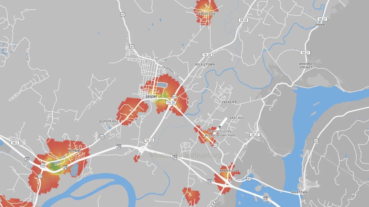 Walk Grade map of Jasper, TN, walkable areas in green and car-dependent areas in red