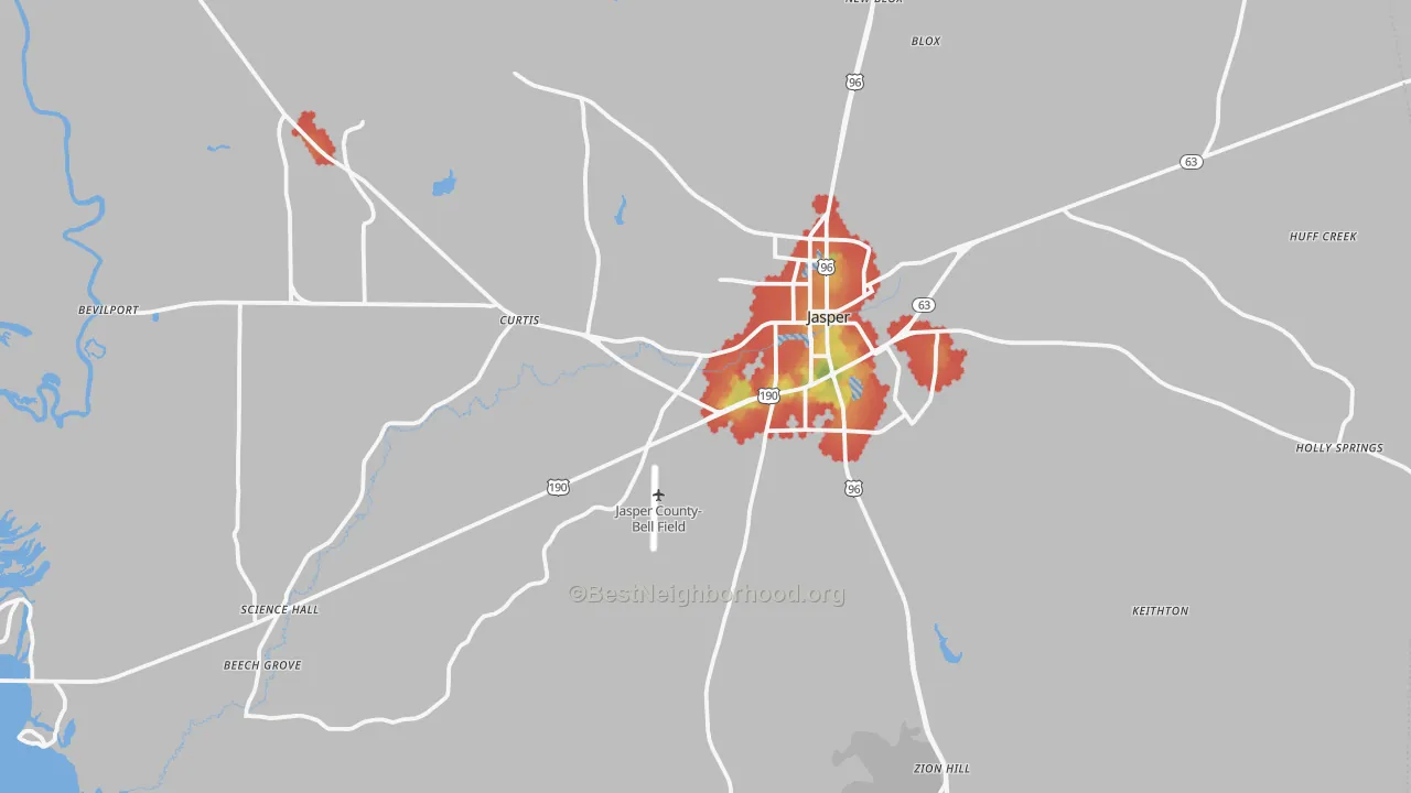 Walk Grade map of Jasper, TX, walkable areas in green and car-dependent areas in red