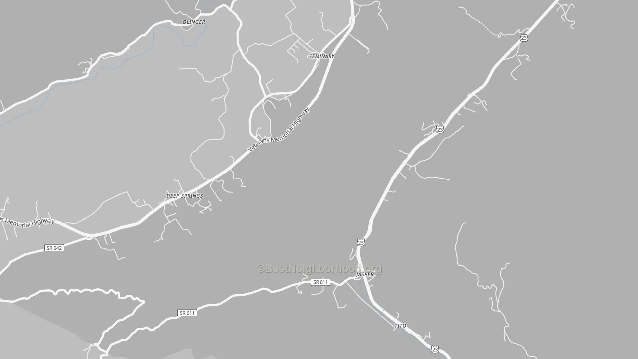 Walk Grade map of Jasper, VA, walkable areas in green and car-dependent areas in red