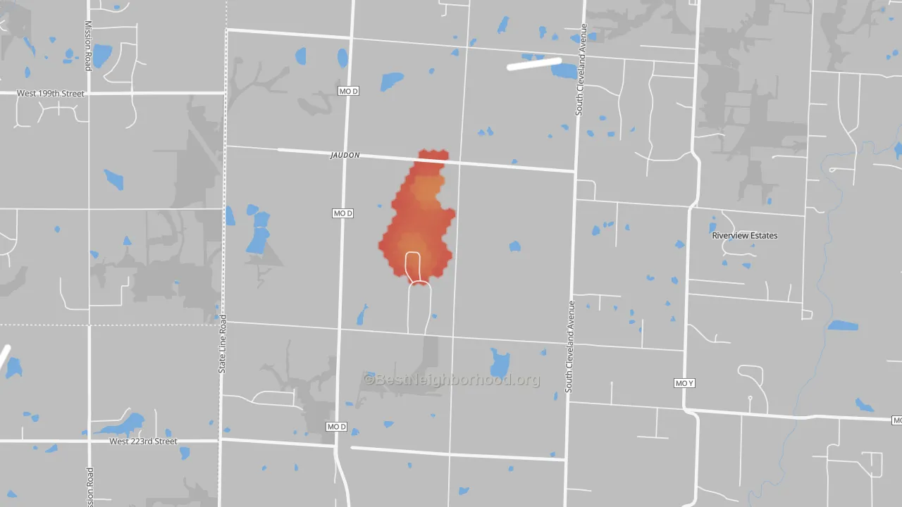 Walk Grade map of Jaudon, MO, walkable areas in green and car-dependent areas in red