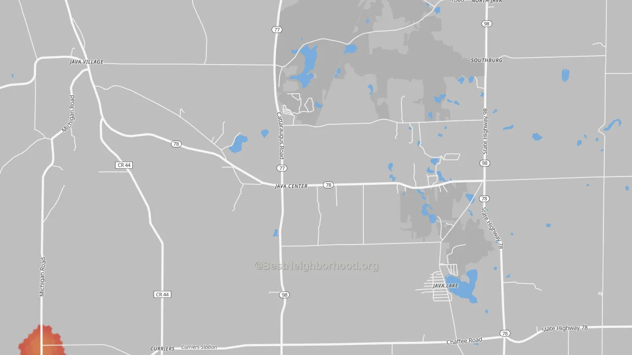 Walk Grade map of Java Center, NY, walkable areas in green and car-dependent areas in red