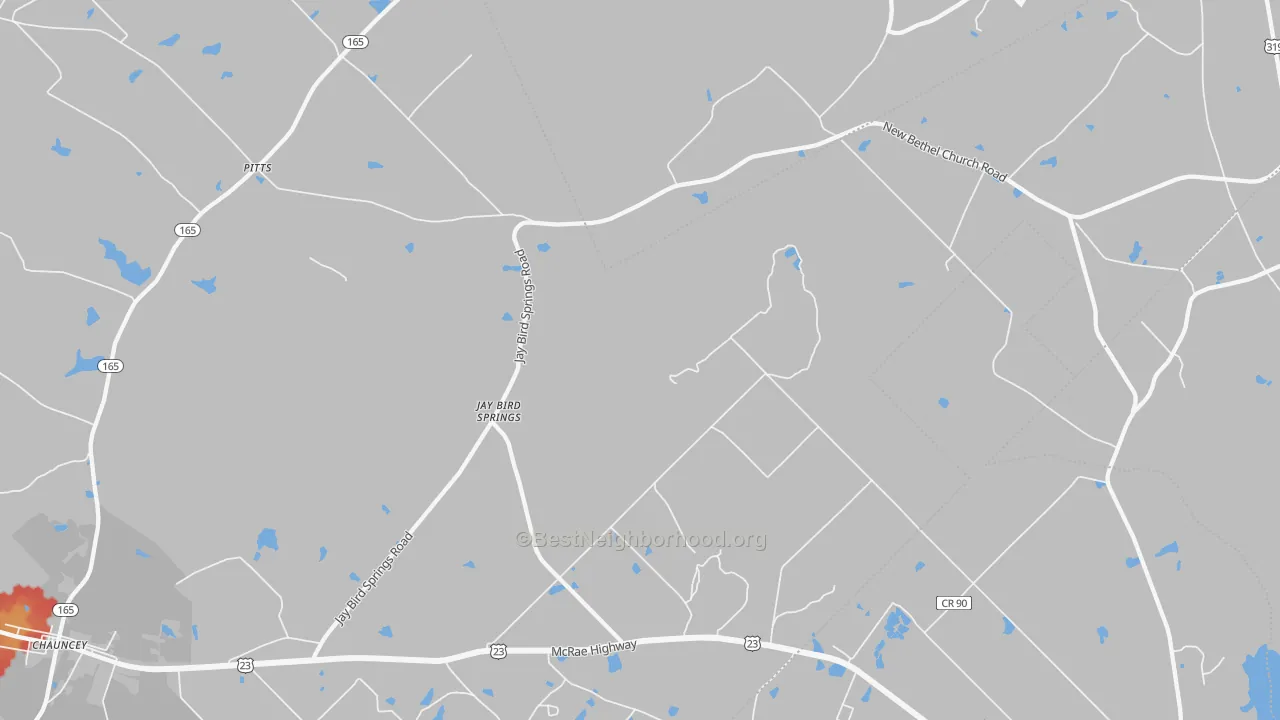 Walk Grade map of Jay Bird Springs, GA, walkable areas in green and car-dependent areas in red