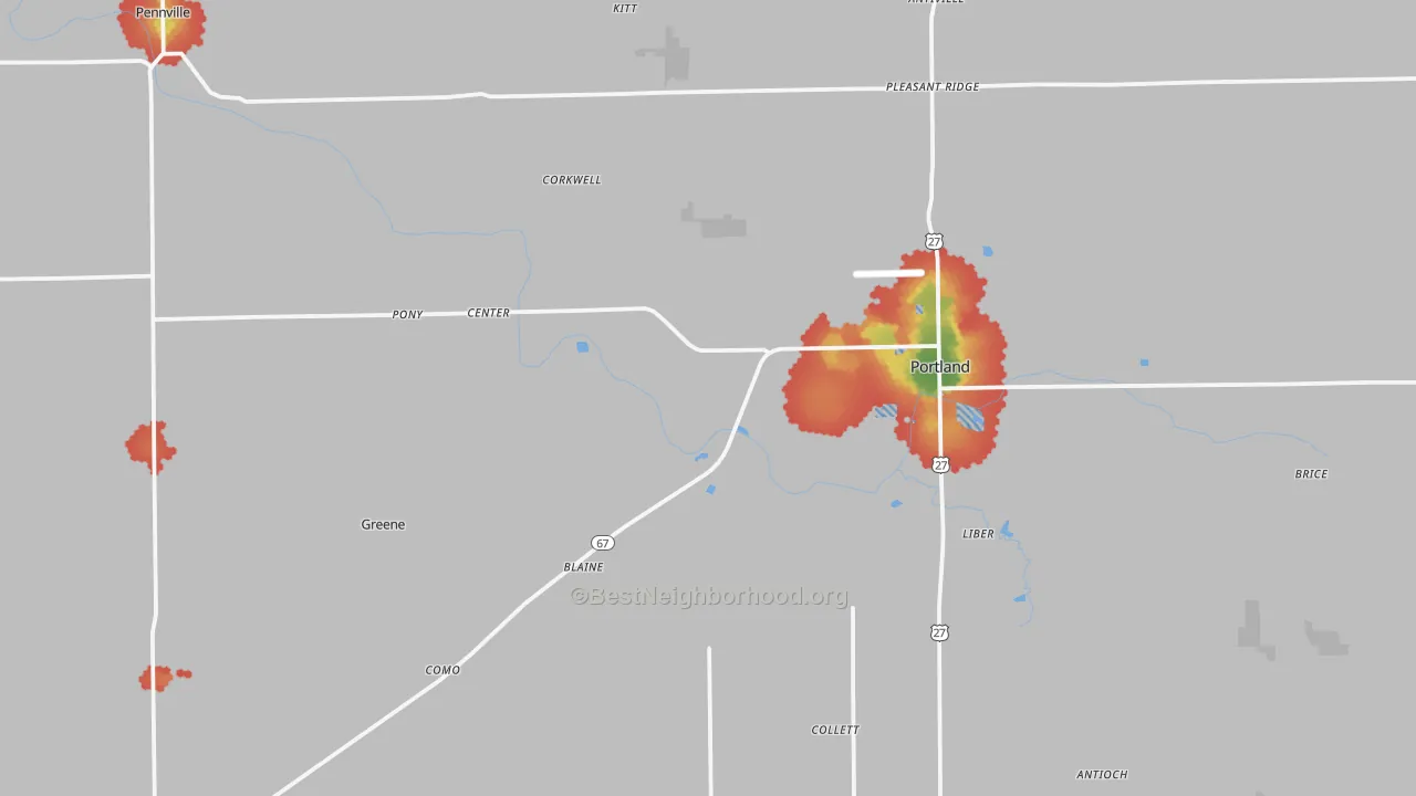 Walk Grade map of Jay County, IN, walkable areas in green and car-dependent areas in red