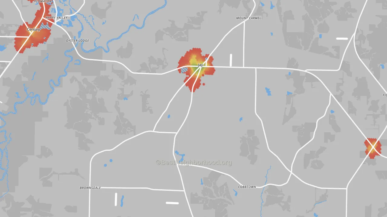 Walk Grade map of Jay, FL, walkable areas in green and car-dependent areas in red
