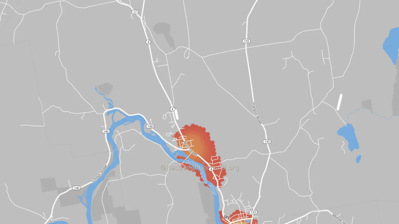 Walk Grade map of Jay, ME, walkable areas in green and car-dependent areas in red