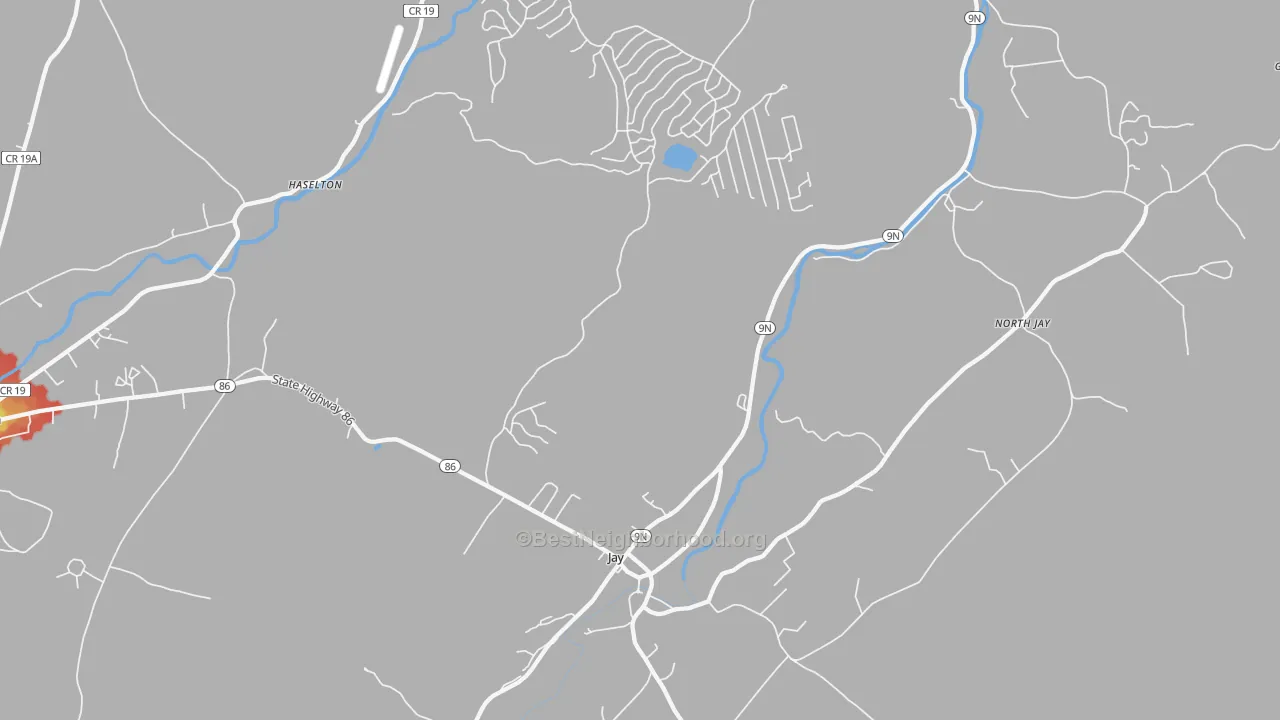 Walk Grade map of Jay, NY, walkable areas in green and car-dependent areas in red