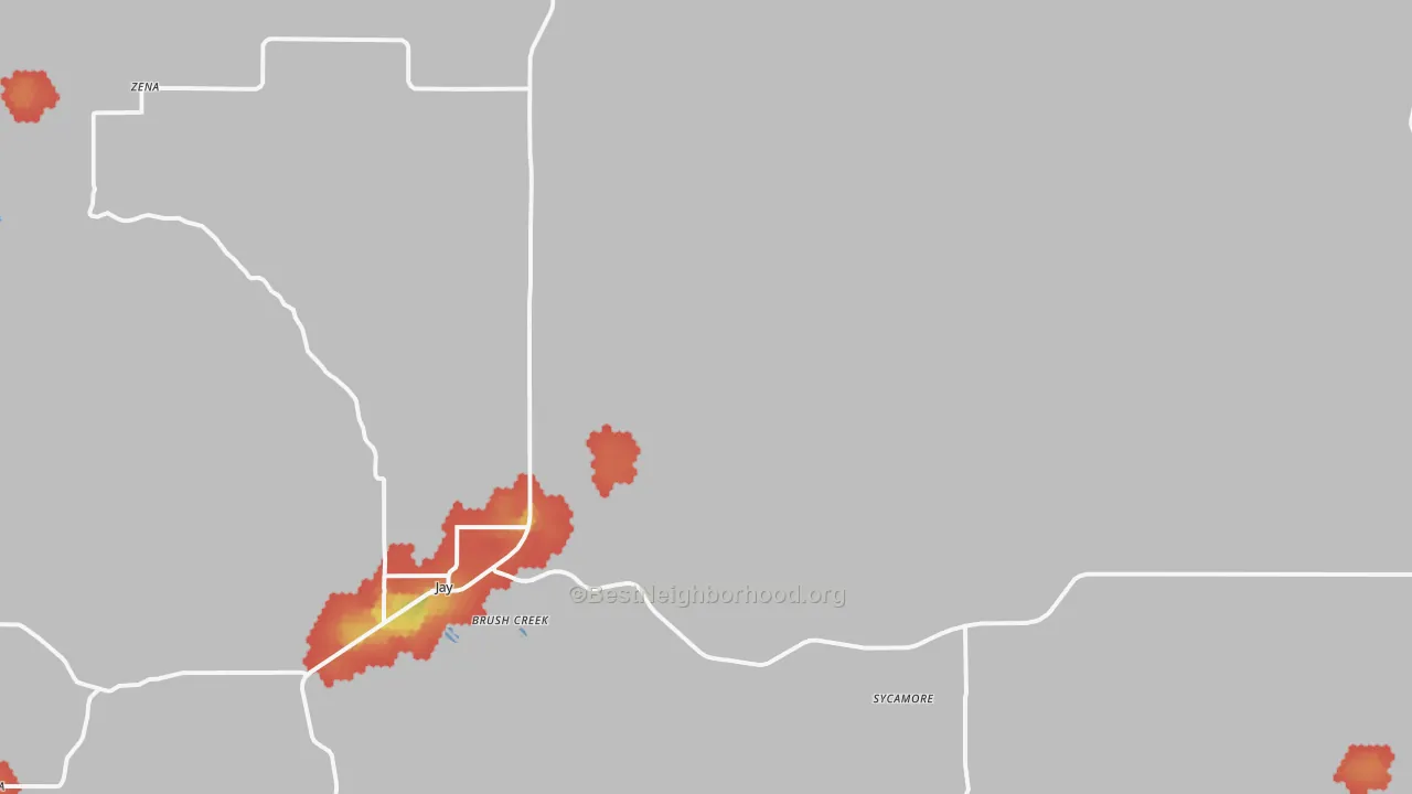 Walk Grade map of Jay, OK, walkable areas in green and car-dependent areas in red