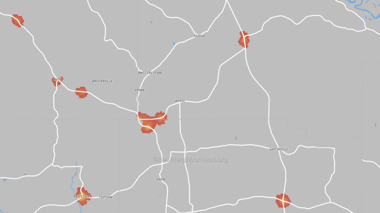 Walk Grade map of Jayess, MS, walkable areas in green and car-dependent areas in red