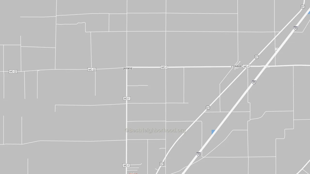 Walk Grade map of Jaywye, MO, walkable areas in green and car-dependent areas in red