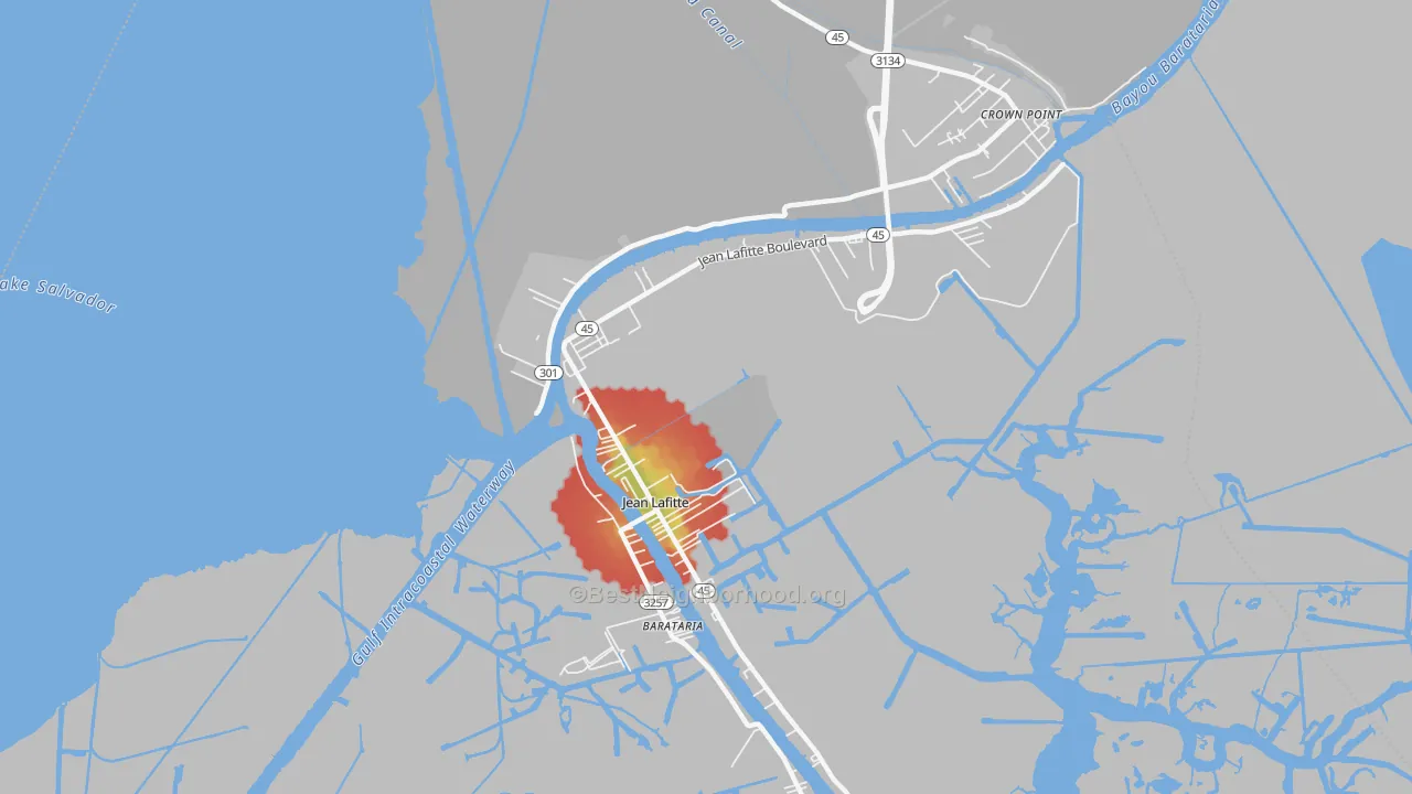 Walk Grade map of Jean Lafitte, LA, walkable areas in green and car-dependent areas in red