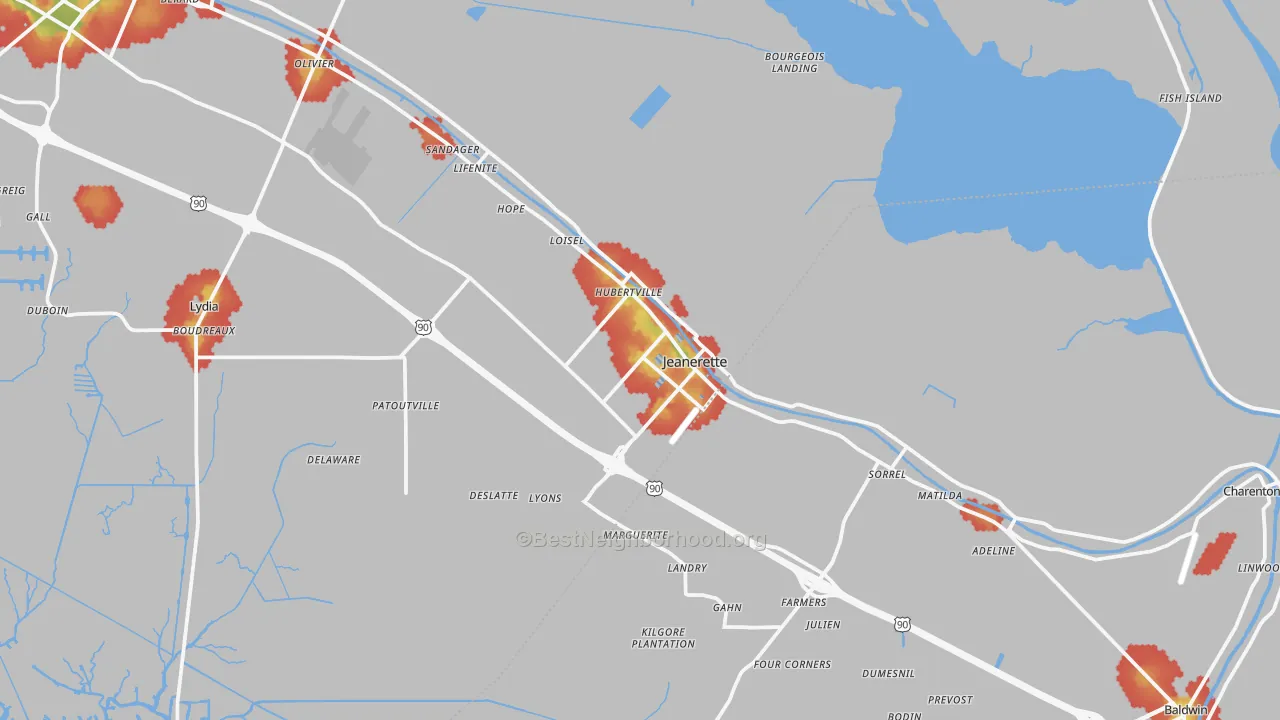 Walk Grade map of Jeanerette, LA, walkable areas in green and car-dependent areas in red