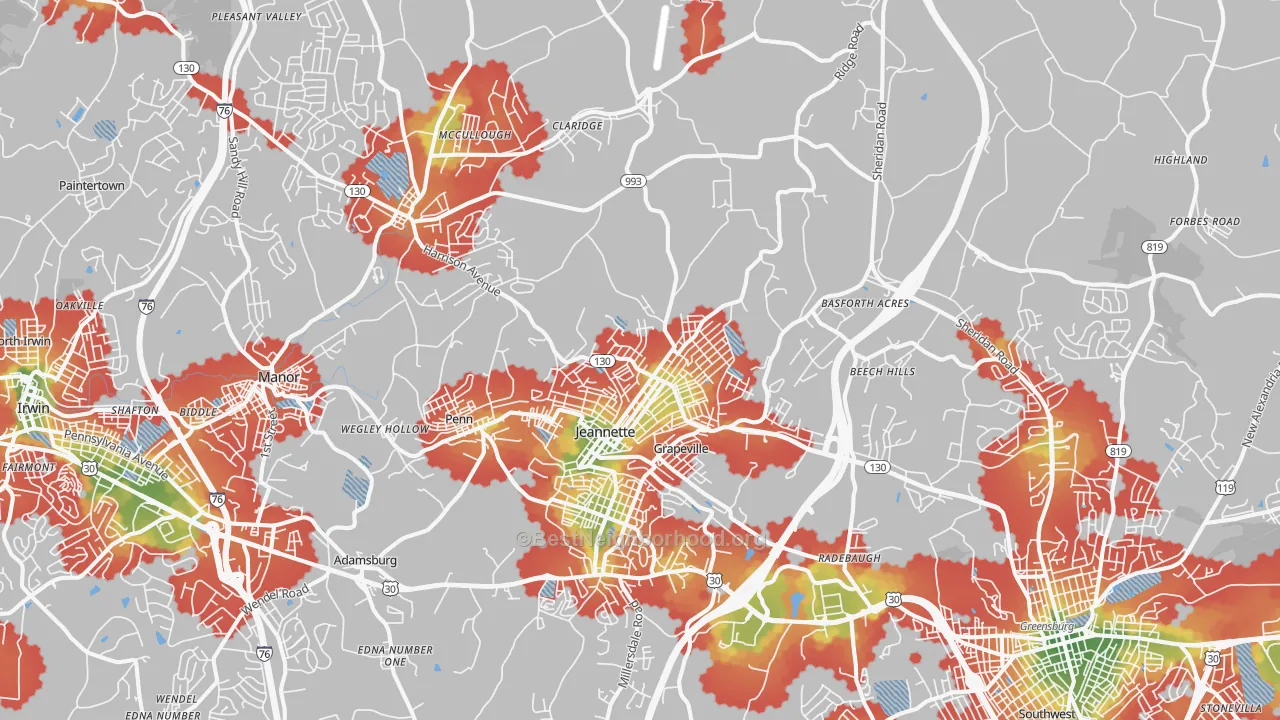 Walk Grade map of Jeannette, PA, walkable areas in green and car-dependent areas in red